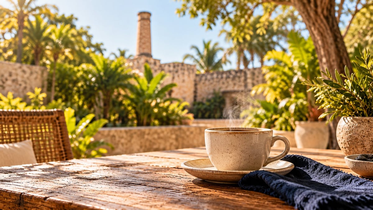 Café matutino en hacienda tropical
